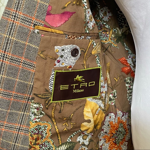ETRO brown tan orange plaid print colorful leaf inside sport coat blazer jacket - Picture 10 of 14